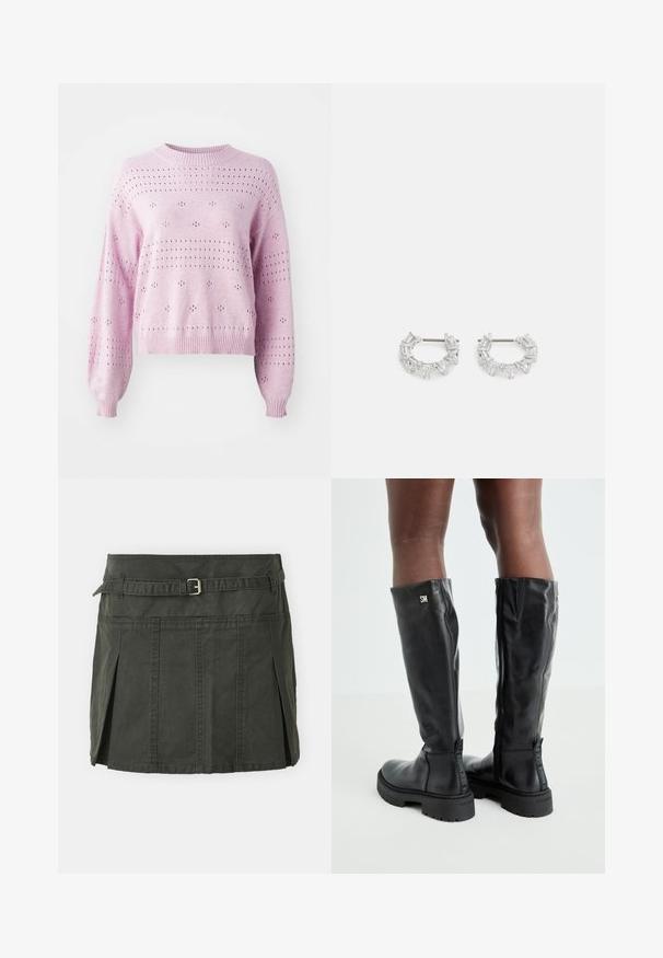 Helles rosa gestricktes Sweatshirt mit lockeren Ärmeln, gerippten Bündchen und Löchern, die im gesamten Stoff in einem punktierten Muster angeordnet sind.; Dunkelgrüner Baumwoll-Minirock mit einem eng anliegenden Bund, einem Gürtel und vorderen Falten. Verfügt über Steppdetails und einen klassischen Schnitt.; Schwarze knielange Lederstiefel mit glatter Textur, abgerundetem Zeh, robustem Absatz und Reißverschluss. Mit silbernem Logo an der Seite.; Silberne Creolen mit klaren, rechteckigen und dreieckigen Kristallen, die in einem gemusterten Design angeordnet sind. Sicherer Halt durch Stecker.