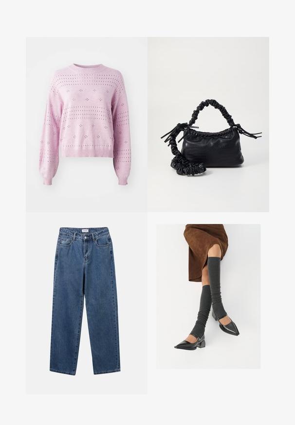 Světle růžový pletený svetr s volnými rukávy, žebrovanými manžetami a otvory uspořádanými v tečkovaném vzoru po celém materiálu.; Klasické modré džíny z denimu se střihy rovné nohy, pěti kapsami a zapínáním na knoflík. Mají střední odstín a odolnou texturu.; Černé lakované boty s špičatou špičkou, blokovým podpatkem a kotníkovým páskem, spárované s šedými žebrovanými návleky na nohy a hnědskou sukní z semiše.; Černá kabelka z umělé kůže s krokodýlím vzorem, staženým vrškem a zmačkaným popruhem. Zdá se, že má měkký a kompaktní design.