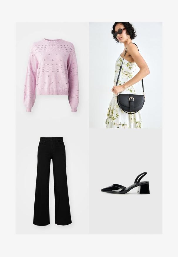 Jasnoróżowy sweter z dzianiny z luźnymi rękawami, ściągaczami i otworami ułożonymi w kropkowy wzór na całej powierzchni.; Czarne szerokie spodnie dżinsowe z usztywnionym pasem, szlufkami na pasek i kieszeniami z przodu. Gładka faktura o klasycznym fasonie.; Czarne lakierowane półbuty na obcasie z wydłużonym noskiem i geometrycznym słupkiem. Charakteryzują się eleganckim, minimalistycznym designem oraz gładką fakturą.; Czarna skórzana torebka o zakrzywionym kształcie, z odpinanym paskiem i złotymi akcentami. Torebka posiada klapę z zapięciem w kształcie klamry.