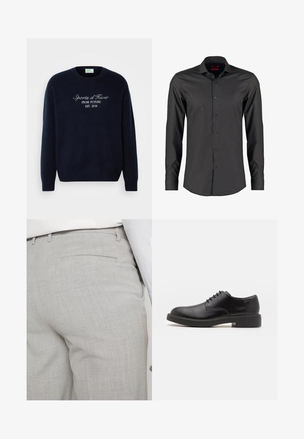 Marineblå sweater lavet af blødt stof, med en klassisk crew-neck og broderet tekst: "Sports d'Hiver FROM FUTURE EST. 2018."; Sort langærmet skjorte med slim fit, lavet af glat stof. Har en spids krave og seks knapper ned foran.; Lysegrå skræddersyede bukser lavet af tekstureret stof, med en enkelt baglomme og ren syning.; Sorte læder snørestøvle med rund tå, glat tekstur, minimal syning og lav gummihæl. Logo på hælen.