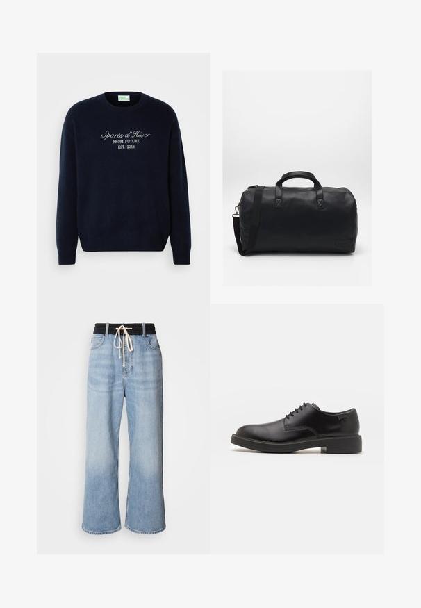Marineblå sweater lavet af blødt stof, med en klassisk crew-neck og broderet tekst: "Sports d'Hiver FROM FUTURE EST. 2018."; Lysblå wide-leg jeans med en sort elastisk talje, der har bindebånd og klassisk fem-lomme design.; Sorte læder snørestøvle med rund tå, glat tekstur, minimal syning og lav gummihæl. Logo på hælen.; Sort duffel bag lavet af tekstureret syntetisk materiale. Har to håndtag og en justerbar skulderrem. Enkel design uden synlige mønstre.
