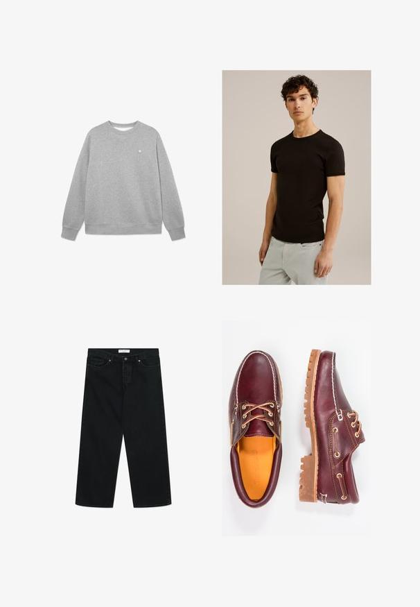 Grauer Pullover aus weichem Baumwollmix. Verfügt über einen klassischen Rundhalsausschnitt, lange Ärmel, gerippte Bündchen und ein kleines Logo auf der Brust.; Schwarzes T-Shirt mit kurzen Ärmeln und rundem Ausschnitt, aus einem glatten, dehnbaren Stoff gefertigt. Die Passform ist slim, so dass es eng am Körper anliegt.; Schwarze weit geschnittene Jeans aus Denim-Stoff, mit einer Vorderknopfschließe, Gürtelschlaufen und Taschen. Hervorragende Textur, minimalistisches Design.; Bordeauxfarbene Lederschuhe mit braunen Gummisohlen, runder Zehenform, weißen Nähten und goldenen Ösen. Das Innenfutter weist eine gelbe Beschichtung auf.