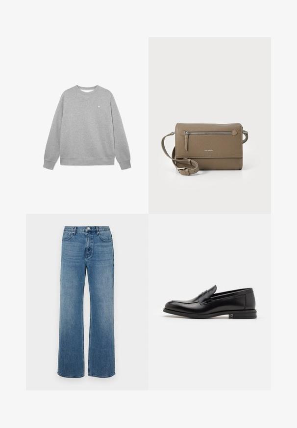 Gray sweatshirt made of soft cotton blend. Features a classic crew neck, long sleeves, ribbed cuffs, and a small logo on the chest.; Wide-leg blue jeans made of denim with a faded finish. Features five pockets, a front button closure, and a straight cut.; Black leather loafers with a smooth texture, rounded toe, and a decorative strap across the vamp. Low stacked heel, minimalist design.; Taupe leather crossbody bag with a zippered front pocket, adjustable strap, pebble texture, and embossed logo on the front.