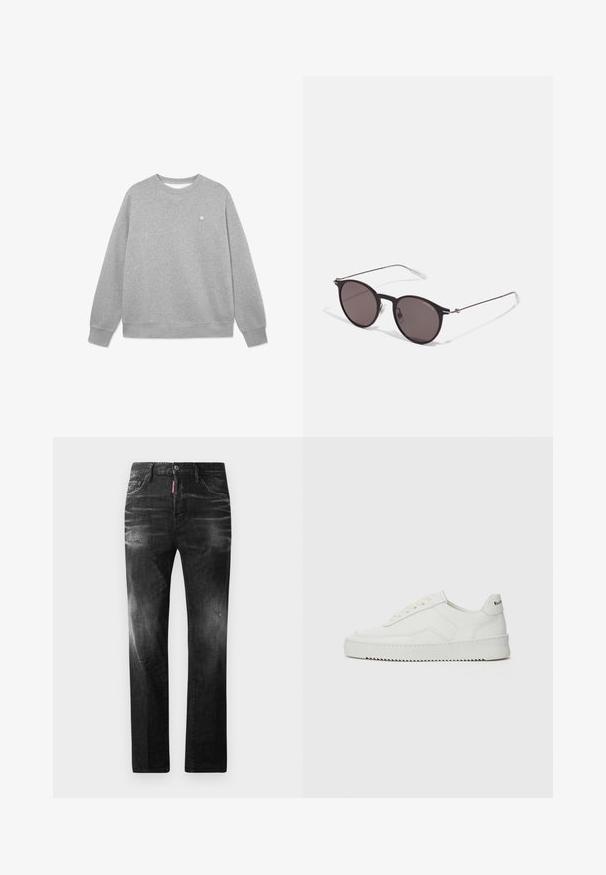 Hallhalli, mis on valmistatud pehmest puuvillasegust. Omab klassikalist ümmargust kaelust, pikki varrukaid, soonikuid mansetis ning väikest logo rinnal.; Mustad denim püksid otse lõikega. Omavad kulunud piirkondi, väikseid kahjustusi, klassikalist viit taskut ning nööpkinnitust.; Valge nahast tennis, millel on sile põhi, ümar varvas, lamedad nöörid ja tekstuuriline tall. Sisaldab diskreetset logo kontsaribal.; Mustad mustad prillid tumedate läätsedega ja õhukeste metallist käepidemetega. Kaarja kujuga seljaosa ja hõbedased aktsendid hingel. Minimalistlik disain.