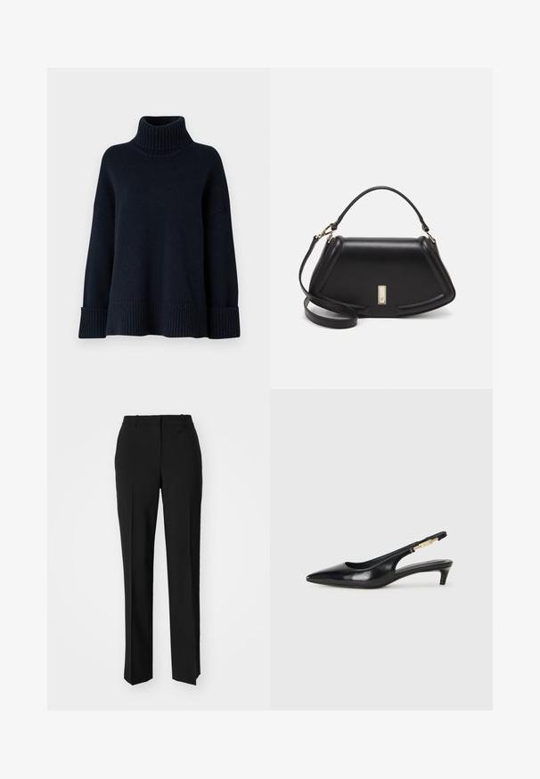 Pulover cu guler înalt, dintr-un navy închis, cu textură cu nervuri, croială lejeră și manșete late. Are un design de culoare uniformă.; Pantaloni negri tailor-ed cu un design drept, având o textură fină și cute clare pe față. Fără elemente de prindere vizibile.; Sandale slingback din piele neagră cu vârf ascuțit, având un toc subțire și un accent de culoare aurie pe curea ajustabilă. Textură netedă.; Geantă de umăr din piele neagră, cu un design structurat, având o formă tăiată, mânere superioare și accente din aur. Include o curea de umăr ajustabilă.