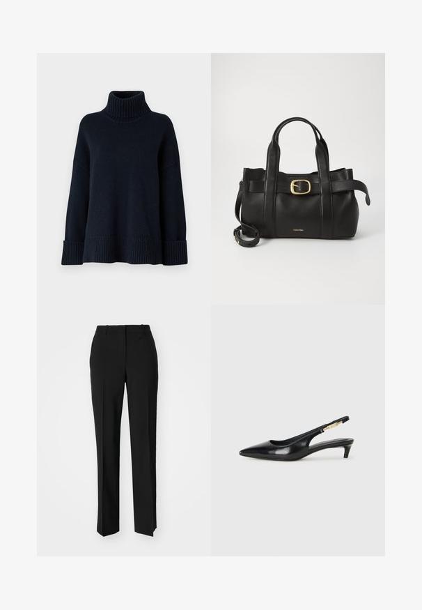 Tamno plavi rolak pulover s rebrastom teksturom, slobodnog kroja i širokim rukavima. Ima visoki ovratnik i jednostavan dizajn.; Crne krojene hlače ravnog kroja, s glatkom teksturom i oštrim pregibima naprijed. Bez vidljivih metalnih dijelova.; Crne kožne sandale s petom, s izduženim vrhom, imaju usku petu i zlatni akcent na podesivoj traci. Glatka tekstura.; Crna kožna torba s strukturiranim dizajnom, dvostrukim gornjim ručkama, zlatnim kopčom kao naglaskom i utisnutim logotipom marke sprijeda.