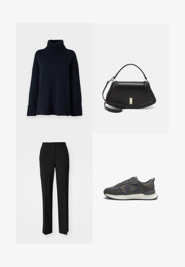 Mørkeblå turtleneck sweater med ribbet tekstur, løs pasform og brede manchetter. Har en høj krave og et ensfarvet design.; Sorte skræddersyede bukser med lige ben-design, der har en glat tekstur og skarpe folder langs fronten. Ingen synlige hardware.; Grå og sort lavtop sneaker med tekstureret stof, læderdetaljer, snørebåndsfront, polstret hvid sål og trækflap ved hælen.; Sort læderhåndtaske med en struktureret design, der har en kortet form, tophåndtag og guld hardware-accenter. Justerbar skulderrem inkluderet.