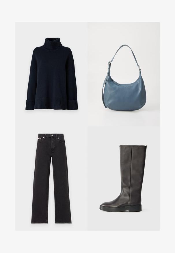 Tmavomodrý rolák s ribbovým vzorom, vo voľnom strihu, s širokými manžetami. Obsahuje vysoký golier a jednoducho farebný dizajn.; Čierne široké džínsy vyrobené z denimu, s vysokým pásom, piatimi vreckami a kovovým zapínaním s kontrastným šitím.; Čierne kožené čižmy po kolená s hrubou podrážkou a jemným logom Calvin Klein blízko horného okraja, zobrazené z boku.; Modrá kožená kabelka s oblým tvarom, jedným ramenným popruhom, zipsovým uzatváraním a embosovaným názvom značky na prednej strane. Hladká textura.
