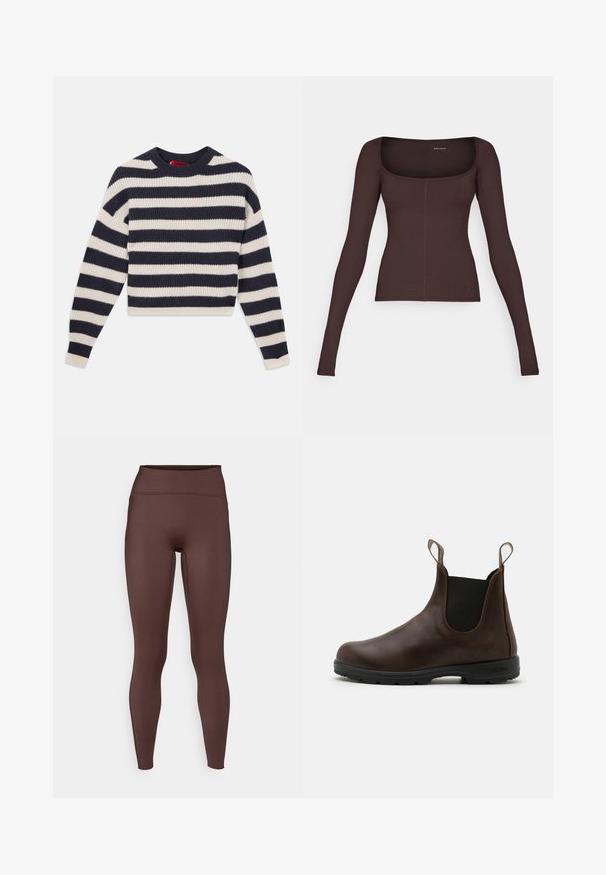 Stripet strikket sweater med skiftende marineblå og cremehorisontale striber, rund halsudskæring, ribbet tekstur og lange ærmer.; Brun langærmet top med firkantet udskæring, lavet af ribbet stof. Har en kropsnær silhuet og fine stikninger.; Brune højtaljede leggings lavet af glat, strækbart stof. Har et tætsiddende design og et sømløst udseende langs sømmene.; Brune læder ankelstøvle med elastiske sidepaneler, pull-tabs og struktureret gummisål. Har et elegant, afrundet tådesign.