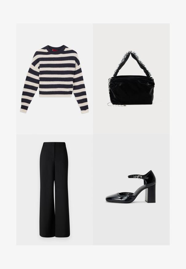 Stripet strikkegenser med vekslende marineblå og kremfargede horisontale striper, rund hals, ribbet tekstur og lange ermer.; MAX&Co. BRIVIDO - Bukse - schwarz; Sorte lakk lær høye hæler med firkantet tå, ankelrem og chunky hæl. Inkluderer perforerte detaljer langs kanten.; Svart veske i faux lær med tekstur, med en perlet sølvdetalj langs det øverste håndtaket og en kjede-rem.