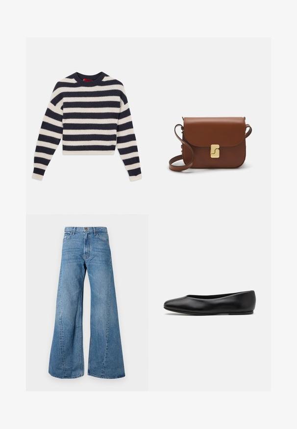 Maglione a righe lavorato a maglia con strisce orizzontali alternate blu navy e crema, colletto rotondo e texture a coste, con maniche lunghe.; Jeans in denim blu a gamba larga con vita alta, caratterizzati da un classico stile a cinque tasche e una leggera scoloritura per aggiungere texture.; Paul Smith TOPANGA - Ballerine - black; Borsa a tracolla in pelle marrone con chiusura a pattina, hardware color oro, tracolla e una finitura liscia. Forma rettangolare compatta.