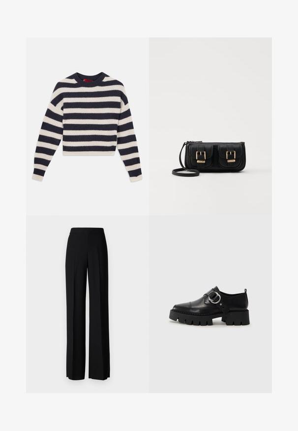 Pruhovaný pletený svetr s měnícími se námořnickými modrými a krémovými horizontálními pruhy, kulatým výstřihem a žebrovanou texturou s dlouhými rukávy.; Černé kalhoty s širokým střihem a hladkým povrchem, s vysokým pasem a středovými skladbami. Žádné viditelné vzory ani kovové detaily.; Černé kožené boty s robustní ribkovanou podešví, zdobené kruhovým stříbrným kovovým prvkem a minimálním švem.; Černá kožená crossbody taška se dvěma předními kapsami, zlatými přezkami, zipovým uzávěrem a štíhlým popruhem. Texturovaný povrch a kompaktní obdélníkový tvar.