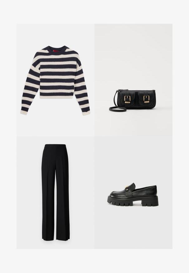 Prúžkovaný pletený sveter s striedajúcimi sa horizontálnymi pruhmi v námorníckej modrej a smotanovej farbe, okrúhlym výstrihom a ribovanou textúrou, s dlhými rukávmi.; Čierne široké nohavice s hladkým povrchom, s vysokým pásom a stredovými skladmi. Žiadne viditeľné vzory ani hardvérové detaily.; Čierne kožené mokasíny s masívnou podrážkou, s akcentom v zlatej farbe na prednej strane a hladkým povrchom. Na podrážke je výrazný dezén.; Čierna kožená crossbody taška s dvoma prednými vreckami, zlatými sponami, zipsovým uzatváraním a úzkym popruhom. Štruktúrovaný povrch a kompaktný obdĺžnikový tvar.