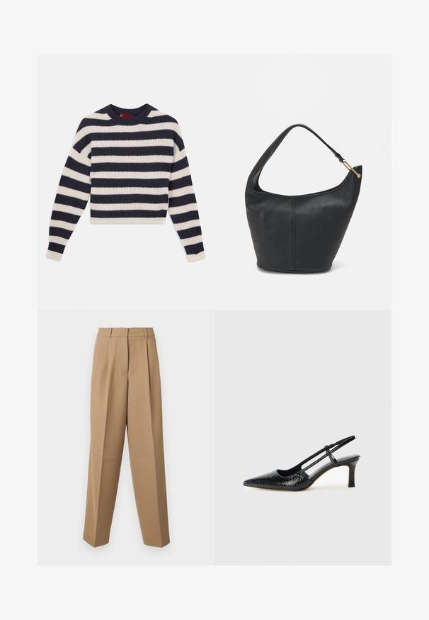 Randig stickad tröja med växelvis marinblå och krämfärgade horisontella ränder, rund halsringning och ribbad textur med långa ärmar.; Beige skräddarsydda byxor med hög midja, veckad framdel och vida ben. Tyget verkar slätt med en lätt lyster.; Svart lackskin slingback-häl med spetsig tå, med texturerad ormskinnsprint, justerbar rem och en kort, texturerad blockklack.; Svart läderhandväska med rundad form, bred axelrem och texturerad yta. Har en diskret sömdetalj och accenter i guldton.