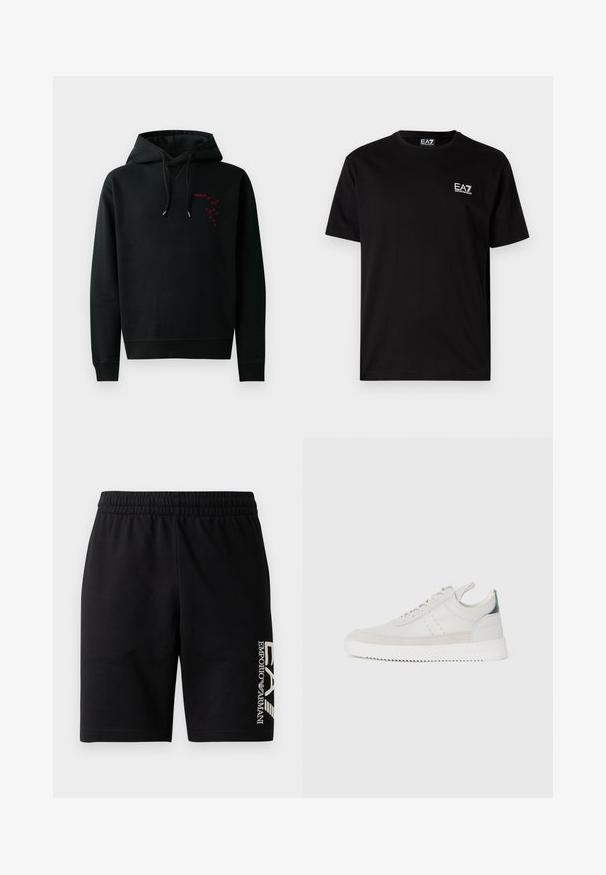Felpa nera con tasca a canguro, con logo stampato rosso sul petto. Fodere con punte argentate e polsini a costine. Materiale in cotone.; T-shirt in cotone nero con maniche corte, colletto a giro, e piccolo logo EA7 bianco sul lato sinistro del petto. Texture liscia, vestibilità regolare.; EA7 Emporio Armani TRAIN VISIBILITY - Shorts - black/cream; Sneaker bianche in pelle con dettagli in suede grigio, design con lacci, bollino per il tallone e suola in gomma testurizzata caratterizzata da un motivo a zigzag.