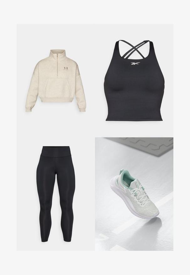 Beige pullover huppari, jossa on puolivetoketjukaulus, etutasku ja ribbaustakit. Mukana Under Armour -logo brodeerattuna ruskealla.; Musta urheilutoppi, joka on valmistettu joustavasta materiaalista. Siinä on napakka malli, leveät olkaimet ja ristikkäiseljä. Pieni valkoinen logo edessä.; Mustat korkeavyötäröiset täysimittaiset legginsit, joissa on sileä kangas ja näkyvät saumat edessä ja vyötäröllä.; Vaaleanharmaa urheilujalkine, jossa on teksturoitu neulepäällinen, mintunvihreät yksityiskohdat, valkoiset nauhat, kumipohja ja vetolenkki kannassa.