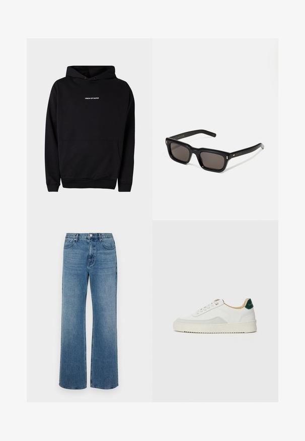 Čierna mikina s kapucňou, predná vrecko a biely text "VISION OF SUPER" na hrudníku. Vyrobená z mäkkého materiálu s rebrovanými manžetami.; Multicolor košeľa na gombíky so zmesou vzorov, vrátane kvetinových a grafických potlačí, s čiernym golierom a dlhými rukávmi.; Džínsy s širokými nohavicami vo farbe modrej, vyrobené z denimovej látky s vyblednutým vzhľadom. Obsahujú päť vreciek, predné zapínanie na gombík a rovný strih.; Biele tenisky s semišovými akcentmi, zaoblenou špičkou, plochými šnúrkami a krémovou gumovou podrážkou. Na päte sú zelené značky.; Čierne obdĺžnikové slnečné okuliare s tmavými sklami, hrubým plastovým rámom, zlatými detailami na spánkoch a vygravírovaným logom značky na ramene.; Čierna kožená kabelka cez plece s predným vreckom na zips, embosovaným logom a nastaviteľným popruhom. Hladká textúra so štruktúrovaným tvarom.