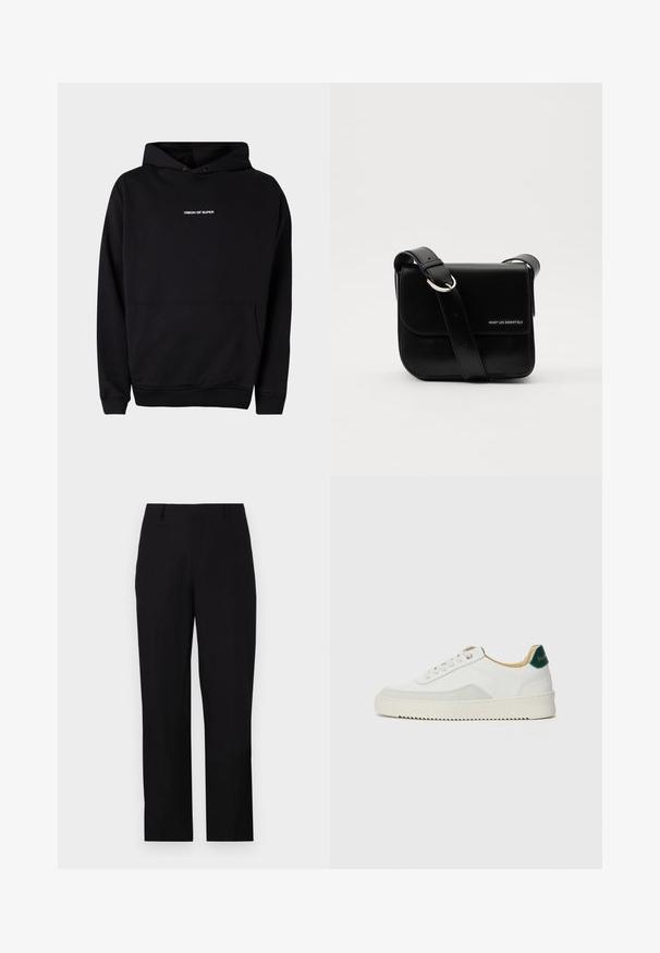 Fekete kapucnis pulóver elülső zsebbel és fehér "VISION OF SUPER" felirattal a mellkasán. Puha anyagból készült, bordás mandzsettákkal.; Fekete nadrág egyenes szabású. Sima anyagból készült, lapos elülső résszel, övhurkokkal és oldalzsebekkel. Egyszerű dizájn, nincs látható minta.; Fehér sneaker suédé részletekkel, kerek orral, lapos fűzőkkel és krémszínű gumitalppal. Zöld logó található a sarkán.; WANT Les Essentiels ARCH CROSSBODY UNISEX - Keresztpántos táska - black