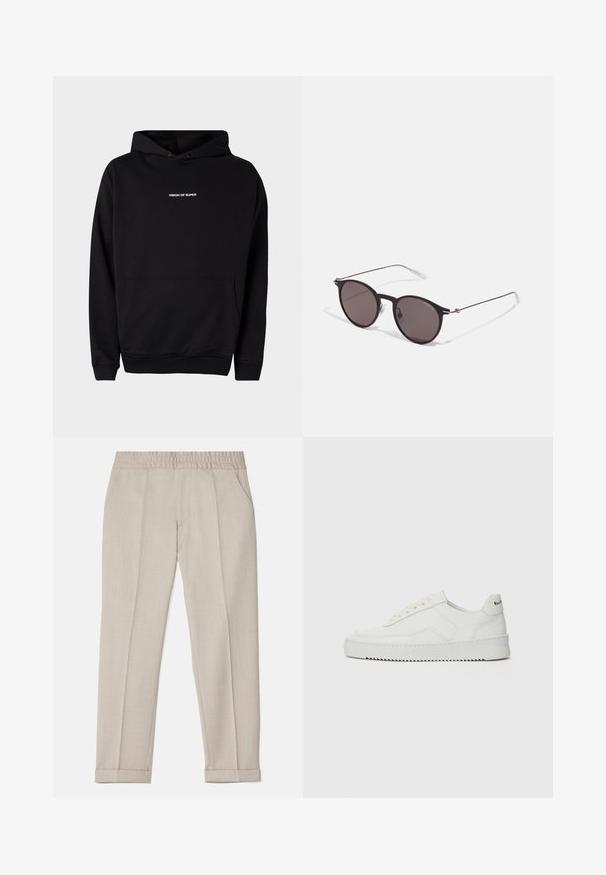 Musta kapuutsiga sule jope, millel on ees tasku ja valged "VISION OF SUPER" tekst rinnal. Valmistatud pehmest kangast, millel on soonikkoes varrukaotstega.; Filippa K TERRY CROPPED TROUSERS - Püksid - sage melange; Valge nahast tennis, millel on sile põhi, ümar varvas, lamedad nöörid ja tekstuuriline tall. Sisaldab diskreetset logo kontsaribal.; Mustad mustad prillid tumedate läätsedega ja õhukeste metallist käepidemetega. Kaarja kujuga seljaosa ja hõbedased aktsendid hingel. Minimalistlik disain.