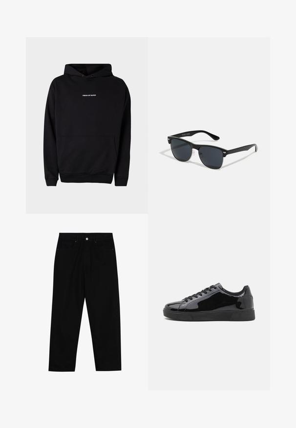 Svart hettegenser med lommer foran og hvit "VISION OF SUPER" tekst på brystet. Laget av myk stoff med ribbede mansjetter.; Sorte denimbukser med rett benklipp, fem-lomme design og frontknappåpning. Jevn tekstur med minimale sømdetaljer.; Sorte lakk lær sneakers med rund tå, flat gummisåle og svarte lisser. Glatt, skinnende tekstur på overflaten.; Sorte solbriller med rektangulær form, mørke linser, sølvfargede detaljer ved templene, og en matt finish på rammen.