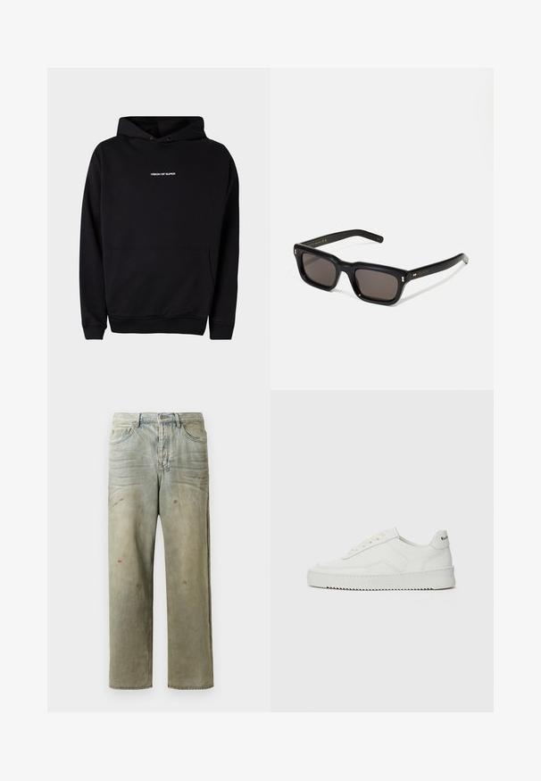 Black hooded sweatshirt with a front pocket and white "VISION OF SUPER" text on the chest. Made of soft fabric with ribbed cuffs.; Distressed denim jeans in light green, featuring a straight leg, five-pocket design, and uneven fading with paint splatters.; White leather sneaker with a smooth finish, round toe, flat laces, and a textured sole. Features a subtle logo on the heel.; Black rectangular sunglasses with dark lenses, thick plastic frame, gold accents on temples, and brand logo engraved on the arm.