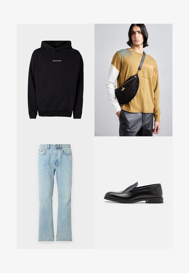 Čierna mikina s kapucňou, predná vrecko a biely text "VISION OF SUPER" na hrudníku. Vyrobená z mäkkého materiálu s rebrovanými manžetami.; Svetlomodré džíny s rovnými nohavicami, klasickým päť vreckovým dizajnom, jemným vyblednutím a kovovým gombíkom na zapínanie v páse.; Čierne kožené mokasíny s hladkou textúrou, zaoblenou špičkou a dekoračným pásikom cez priehlavok. Nízky vrstvený opätok, minimalistický dizajn.; Vivienne Westwood CITY BUMBAG UNISEX - Ľadvinka - black