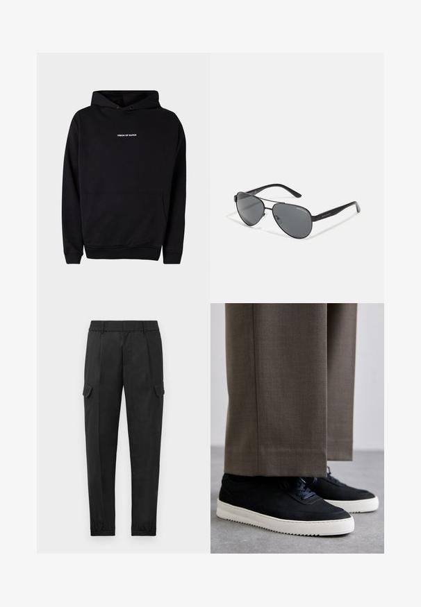 Fekete kapucnis pulóver elülső zsebbel és fehér "VISION OF SUPER" felirattal a mellkasán. Puha anyagból készült, bordás mandzsettákkal.; Fekete cargo nadrág rugalmas derékkal, beszűkített lábbal, oldalsó zsebekkel és egyetlen cargo zsebbel a bal combon. Simább felület.; Fekete velúr sportcipők fehér gumitalppal, kerek orrú, fűzős kialakítással, szürke, szabott nadrággal párosítva.; Fekete pilóta napszemüveg sötét lencsékkel, vékony fém kerettel és karcsú műanyag karokkal, melyeken logó díszítések találhatók.