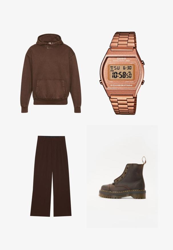 Hnedá mikina s kapucňou a textúrovaným povrchom, predná vrecko a elastické manžety a spodný lem. Obsahuje minimalistické logo na hrudi.; Sada piatich tričiek v čiernej, svetlozelenej, béžovej, svetlofialovej a bielej farbe. Každé má okrúhly výstrih a krátke rukávy, vyrobené z bavlny.; Hnedé nohavice s širokými nohavicami a plisovaním. Vyrobené z hladkej látky, s upraveným pásom a bočnými vreckami. Rovný lem na spodnej časti.; Hnedé kožené členkové topánky s okrúhlym špicom, kontrastným žltým prešívaním, dekoračnými kovovými očkami a drážkovanou gumovou podrážkou.; Digitálne hodinky Casio s kovovým remienkom v ružovom zlate, obdĺžnikovým puzdrom, osvetleným displejom a vodoodolnosťou, zobrazuje čas a dátum.