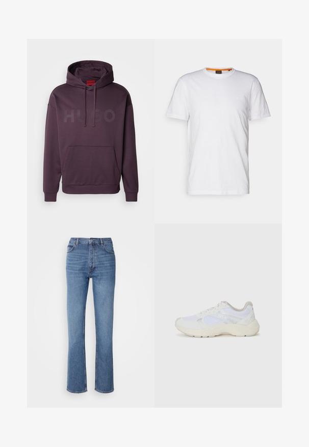 HUGO DITCHLE - Felpa - open purple; T-shirt bianco in cotone con collo rotondo, maniche corte e un logo a rilievo discreto sul petto. L'etichetta interna ha un accento arancione.; Jeans in denim blu con vita alta, design a gamba dritta e leggera sbiaditura. Presentano il classico stile a cinque tasche e chiusura con zip.; Scarpe da ginnastica bianche in mesh e suede, con una suola intermedia testurizzata, dettagli testurizzati e il logo "HUGO" sul lato.