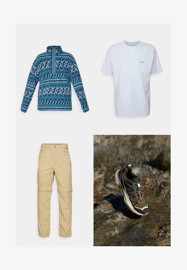 Μπλε φλις πουλόβερ με σχέδιο, με κουμπωτή μπροστινή τσέπη με φερμουάρ και μακριά μανίκια, κατάλληλο για κρύο καιρό.; Λευκό βαμβακερό t-shirt με κοντά μανίκια, στρογγυλή λαιμόκοψη και τσέπη στο αριστερό στήθος με το μπλε λογότυπο "Patagonia". Κλασική εφαρμογή με ομαλή υφή.; Μπεζ παντελόνια με φερμουάρ που έχουν λεία υφή, διαθέτουν δύο πλαϊνές τσέπες, κλείσιμο με κουμπί και μανσέτες που αναδιπλώνονται για μεγαλύτερη ευελιξία.; Πεζοπορικά παπούτσια σε ελιά πράσινο και μαύρο χρώμα με ροζ λεπτομέρειες. Διαθέτουν υφή στην επάνω πλευρά, ευέλικτη σόλα, ενισχυμένη λοξότμητη μύτη και πολύχρωμο σύστημα κορδονιών.