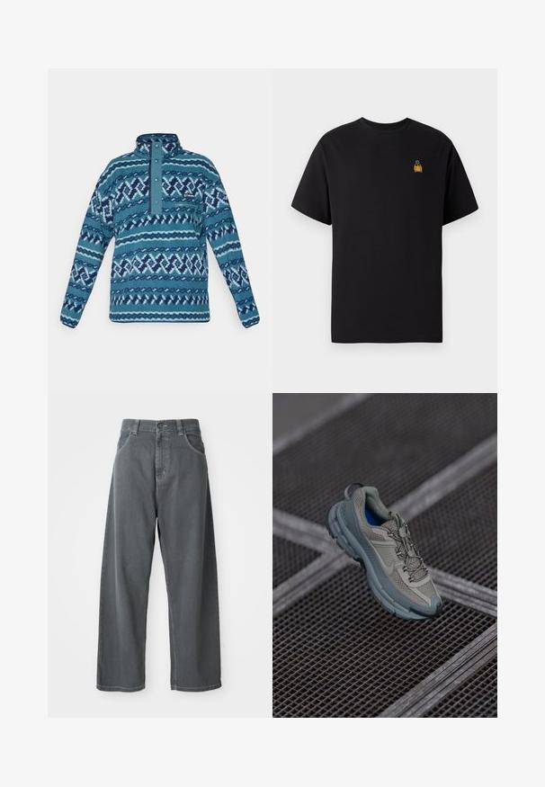 Modra pulover z vzorcem iz flisa z zapenjanjem na snap-gumbih, žepom na zadrgo na prsih in dolgimi rokavi, primeren za hladno vreme.; Črna bombažna majica s kratkimi rokavi, okroglim izrezom in majhnim rumenim vezenim dizajnom na levem prsnem predelu.; Sive jeans širokih hlač z visokim pasom, ki vključujejo sprednje žepke, zanke za pas in gumbasto zapiranje v predelu pasu.; Bež in siva športna čevlja z teksturiranim mrežastim zgornjim delom, okroglem nosu in gumijastim podplatom, opremljena z vezalkami in oblazinjenim ovratnikom.