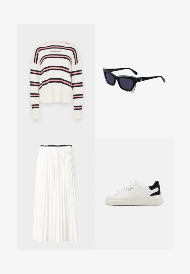 Kreemi kampsun, millel on horisontaalne triip navy ja roosa. Ribakujundus varrukate ja ääre juures. Esiküljel on "GUESS JEANS" logo.; Kurtitudega valge seelik musta elastse vööga, millel on "LACOSTE" logo. Keskmise pikkusega disain pehme tekstuuriga.; Valged nahast tennisetossud paksu valge tallaga, musta sametist kontsakeeuga ja külje peal riigilogo reljeefne kujundus. Lukkeskeem kuue silmaauguga.; Mustad suured mustad prillid geomeetrilise kujuga, tumedate läätsedega ja kontrastse halli detailiga raamidel. Logo käe peal.