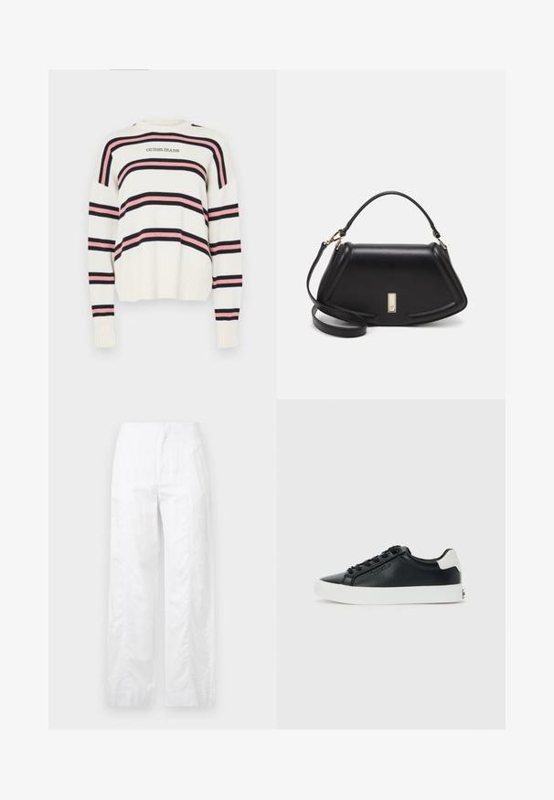 Cremefarbener Pullover mit horizontalen Streifen in Marineblau und Pink. Gerippte Textur an den Bündchen und am Saum. Mit "GUESS JEANS" Logo auf der Vorderseite.; Weiße, weit geschnittene Hosen aus leichtem Stoff, mit glatter Textur, klaren Linien und einem Hochbund-Design.; Schwarze Low-Top-Sneaker mit weißer Sohle und Fersenlasche, schwarzen Schnürsenkeln und dezentem Calvin Klein-Logo an der Seite, auf einem schlichten Hintergrund präsentiert.; Schwarze Lederhandtasche mit einem strukturierten Design, das eine verkürzte Form, einen oberen Griff und goldfarbene Hardware-Details aufweist. Verstellbarer Schulterriemen ist enthalten.