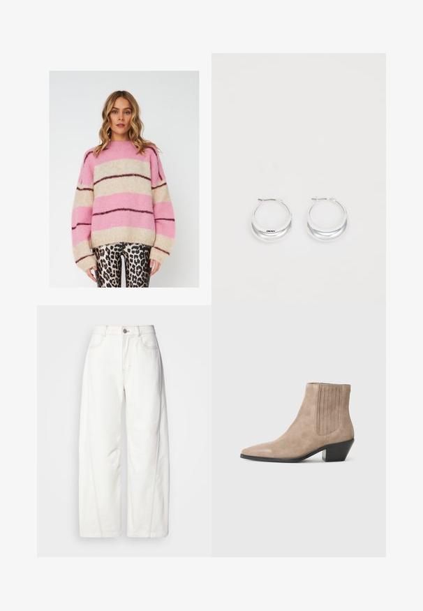 Roosa, beež ja tumepruun triibuline kampsun, valmistatud pehmest, tekstureeritud kangast. Omab mugavat lõiget ja laiu varrukaid.; Valge laia säärega teksapüksid, valmistatud denimist, millel on nähtav õmblus. Omavad nupplukku ja kergelt textuuri. Ees on taskud.; Beez suéde säärised jalaotsaga, millel on terav varvas ja vormitud konts, külgedel vertikaalsed õmblustooted.; Hõbedased rõngastekäevõrud poleeritud viimistlusega ja DKNY brändimisega, esitatud lihtsa valge tausta ees.