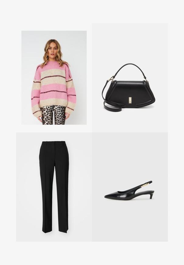 Striped sweater in pink, beige, and dark brown, made of soft, textured fabric. Features a relaxed fit and wide sleeves.; Black tailored trousers with a straight-leg design, featuring a smooth texture and crisp creases along the front. No visible hardware.; Black leather slingback heels with a pointed toe, featuring a slim heel and a gold-tone accent on the adjustable strap. Smooth texture.; Black leather handbag with a structured design, featuring a cropped shape, top handle, and gold hardware accent. Adjustable shoulder strap included.