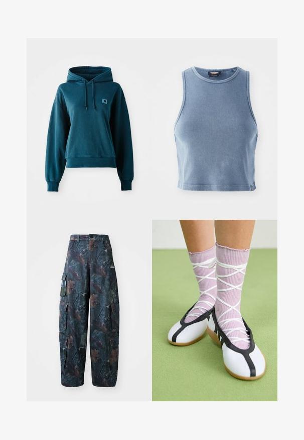 Hanorac teal din material moale, cu glugă ajustabilă prin șnur, manșete și tiv texturate, și o mică etichetă cu logo pe piept.; Top scurt cu dungi, de culoare albastru deschis, cu guler rotund și fără mâneci. Textură netedă și un mic detaliu cu logo la margine.; Pantaloni cargo în carouri de camuflaj, de culoare verde închis și maro, cu multe buzunare și o croială lejeră, fabricați dintr-un material ușor și rezistent.; Pantofi albi cu o margine și o talpă negre, asortați cu șosete ribbate de culoare lavandă deschis, prevăzute cu curele albe în cruce. Așezat pe un fundal verde.