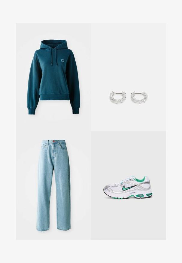 Turkizna kapuca iz mehkega blaga, z vrvico za nastavitev na kapuci, ribanim robom rokavov in roba, ter majhnim logotipom na prsih.; Svijetloplave široke traperice s visokim strukom, izrađene od teksasa, s crvenim gumbom na struku i klasičnim dizajnom s pet džepova.; Nike tekačke čevlje v beli, srebrni in zeleni barvi. Opremljene so z mrežastimi in sintetičnimi materiali, oblazinjenim ovratnikom ter podplatom s blaženjem in vidnimi zračnimi enotami.; Srebrni obročasti uhani, ki vsebujejo prozorne, pravokotne in trikotne kristale, razporejene v vzorčnem dizajnu. Imajo nastavke za varno pritrjevanje.