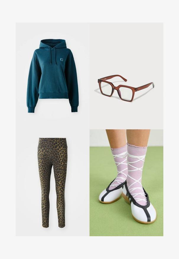 Türkisfarbener Hoodie aus weichem Material, mit einer Kapuze mit Kordelzug, gerippten Bündchen und Saum sowie einem kleinen Logo-Patch auf der Brust.; Leggings mit Leopardenmuster, ausgestattet mit einem hohen Bund, dehnbarem Stoff und schwarzen Akzenten auf einem hellbraunen Grund, konzipiert für Komfort und guten Sitz.; Weiße flache Schuhe mit schwarzem Besatz und Sohle, kombiniert mit helllilanen, gerippten Socken mit weißen Überkreuz-Riemen. Auf einem grünen Hintergrund. ; Braune übergroße rechteckige Brille mit klaren Gläsern und einem leicht rosafarbenen Farbton auf dem rechten Glas. Kunststoffrahmen mit glatter Textur.