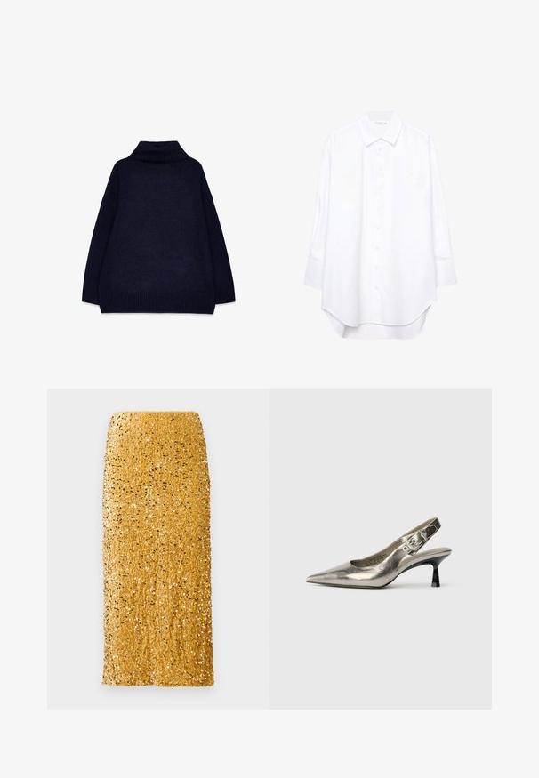 Navy blue turtleneck sweater with ribbed texture, oversized fit, and dropped shoulders. Smooth fabric with a thick, knitted collar and hem.; White long-sleeve button-up shirt with a pointed collar and curved hem, displayed against a plain background.; Gold midi skirt covered in shiny sequins with straight cut and high waist against a white background.; Metallic silver slingback pump with a pointed toe, small black heel, and buckle detail on the strap. Smooth leather texture.
