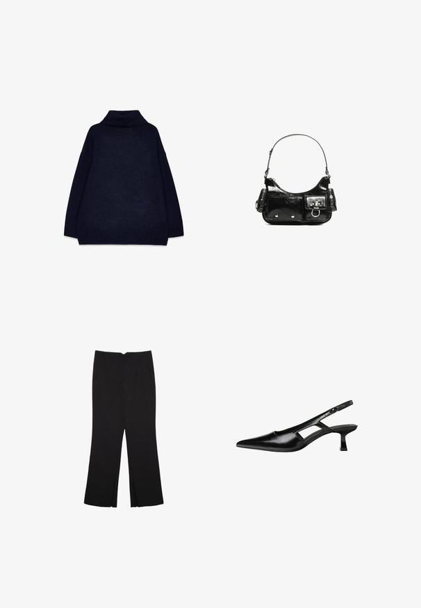 Navy blue turtleneck sweater with ribbed texture, oversized fit, and dropped shoulders. Smooth fabric with a thick, knitted collar and hem.; Black trousers with a straight fit, featuring front pockets and side slits at the hem. Made of soft, smooth fabric. Suitable for various occasions.; Black patent leather slingback heels with a pointed toe, cut-out side design, and a small square heel. Smooth texture with minimal accents.; Black patent leather handbag with a curved shape, one shoulder strap, front pockets, and silver-tone hardware accents.