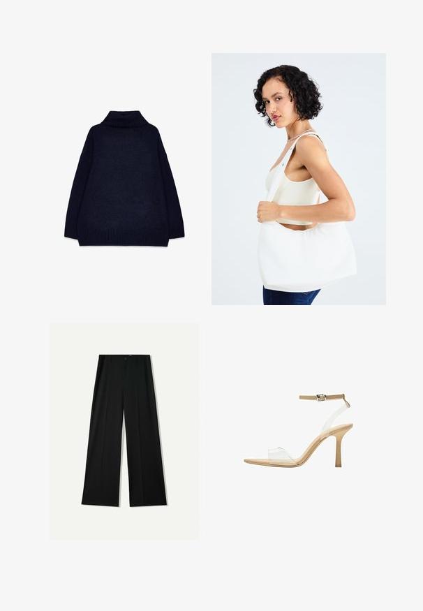 Donkerblauwe coltrui met ribbeltextuur, oversized pasvorm en verlaagde schouders. Glad materiaal met een dikke, gebreide kraag en zoom.; Bershka WIDE - Broek - black; Heldere sandaal met een doorzichtige bovenkant, beige voetbed en een slanke enkelriem. Voorzien van een spitse neus en een dunne hoge hak.; Witte schoudertas van glad materiaal, met een ovale uitsparing en breed riemontwerp. Eenvoudig en modern zonder zichtbare hardware.