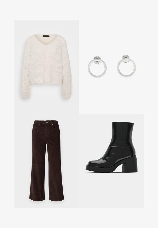Vero Moda Petite VMJULIETTE V NECK - Stickad tröja - birch; Vero Moda Petite VMTESSA PANTS - Tygbyxor - chocolate torte; Svarta ankelstövlar med en blank finish, fyrkantig tå och en tjock blockklack. Designen har en sömlös silhuett och minimal märkning.; Silvriga metallringörhängen med borstad yta, som har en cirkulär design och en genomskinlig stiftbaksida för säker användning.