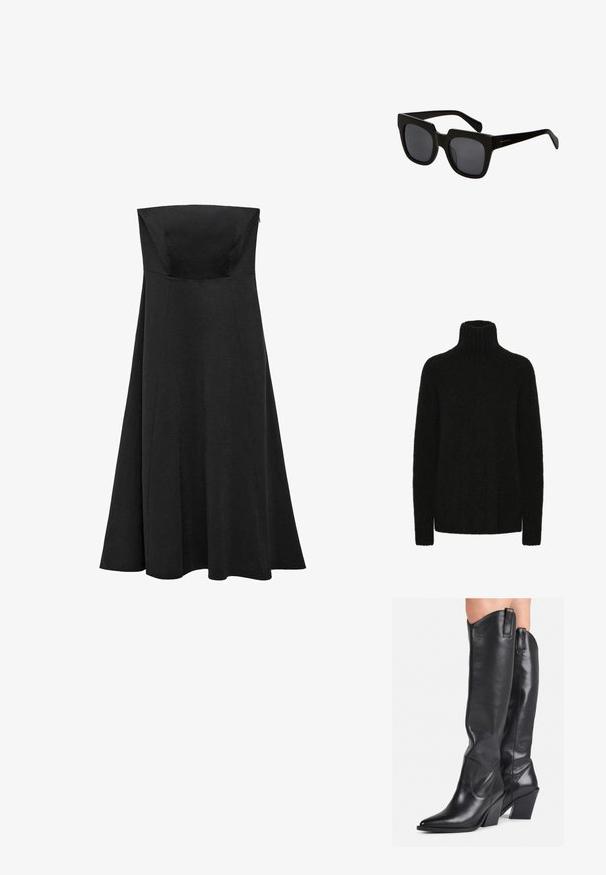 Black turtleneck sweater made from soft, textured material; loose fit with ribbed collar and cuffs. Long sleeves and no visible patterns.; Black strapless dress with a fitted bodice and flared, floor-length skirt. Made from smooth fabric with no visible patterns or accents.; Knee-high black leather boots with a pointed toe, textured finish, and a chunky heel. Features side pull tabs and subtle stitching details.; Black rectangular sunglasses with thick plastic frames and dark lenses. The arms are sleek with a glossy finish and minimal branding.; Black leather woven tote bag with a slouchy shape and wide shoulder strap. Features a textured, interlaced design with a smooth finish.