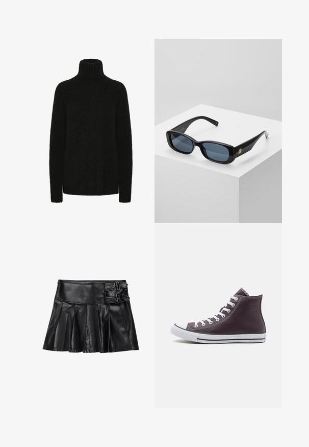Pulover negru cu gât înalt, realizat dintr-un material moale și texturat; croială lejeră cu guler și manșete striate. Mâneci lungi și fără modele vizibile.; Fustă din piele neagră cu pliseuri, talie largă și două detalii cu catarame pe lateral. Textură netedă cu un finisaj lucios.; Adidași înalți din piele de culoare violet închis, cu vârf din cauciuc alb, șireturi albe și accente negre pe talpă și lateral.; Ochelari de soare rectangulari negri cu lentile nuanțate de albastru, cu rame groase și un accent circular auriu pe lateral. Finisaj elegant și lucios.; Geantă bordeaux din material sintetic, cu un design structurat, având un breteau detașabil și o eșarfă cu un model floral legată de mânere.