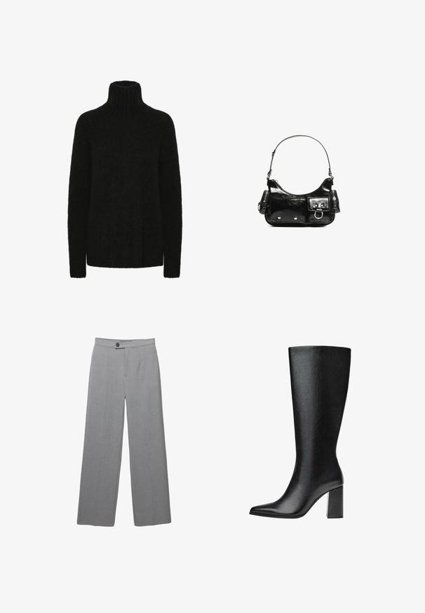 Fekete garbó pulóver, puha, texturált anyagból; laza szabású, bordázott nyakkal és mandzsettával. Hosszú ujjak, és nincs látható minta.; Szürke szabott nadrág széles lábbal, lapos elülső résszel és finom textúrával. Egy gombos záródással és letisztult vonalakkal rendelkezik.; Fekete, térd fölé érő csizma műbőrből, hegyes orral, sima felülettel és tömör, blokk sarkú kialakítással. Minimalista dizájn, látható díszítések nélkül.; Fekete lakkbőr kézitáska ívelt formával, egy vállpánttal, elülső zsebekkel és ezüstszínű fémrészletekkel.