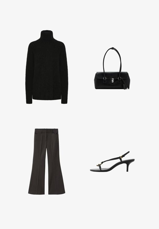 Pulover negru cu gât înalt, realizat dintr-un material moale și texturat; croială lejeră cu guler și manșete striate. Mâneci lungi și fără modele vizibile.; Pantaloni evazați negri, cu talie înaltă; au două buzunare frontale și o textură de stofă netedă. Potriviți pentru diverse ocazii.; Sandal cu toc kitten din piele neagră, cu curele subțiri, cataramă aurie și buclă minimalistă pentru degetele de la picioare, pe un fundal alb.; Geantă de umăr din piele neagră cu o textură netedă, design structurat, mânere duale și un detaliu cu închidere argintie în centru.