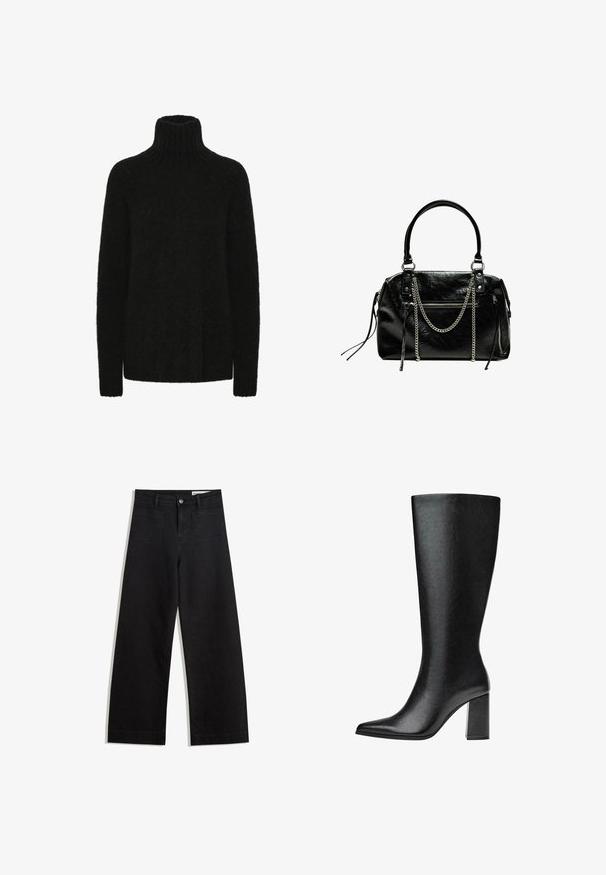 Crni pulover s rol kragnom izrađen od mekog, teksturiranog materijala; slobodan kroj s rebrastim ovratnikom i manžetama. Dugi rukavi i bez vidljivih uzoraka.; Crne široke traperice s visokim strukom, s prednjim i stražnjim džepovima, šivenim šavovima i kopčanjem na gumb. Glatka tekstura.; Crne čizme do koljena napravljene od umjetne kože s šiljastim vrhom, glatkom teksturom i debelom blok petom. Minimalistički dizajn bez vidljivih akcenata.; Bershka WITH CHAIN - Ručna torba - black