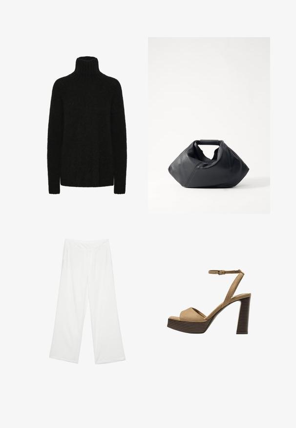 Svart rullkragesweater tillverkad av mjukt, texturerat material; lös passform med ribbade kanter vid kragen och ärmarna. Långa ärmar och inga synliga mönster.; Breda byxor i vitt material, med en slät yta, framfickor och en klassisk midja med bälteshål.; Beiga suède högklackade sandaler med ett brett framrem och ankelsrem, med en kraftig träblockklack med en strukturerad yta.; Svart läderväska med en texturerad yta, unik skrynklig form och ett kort handtag. Har en enda huvudfack.