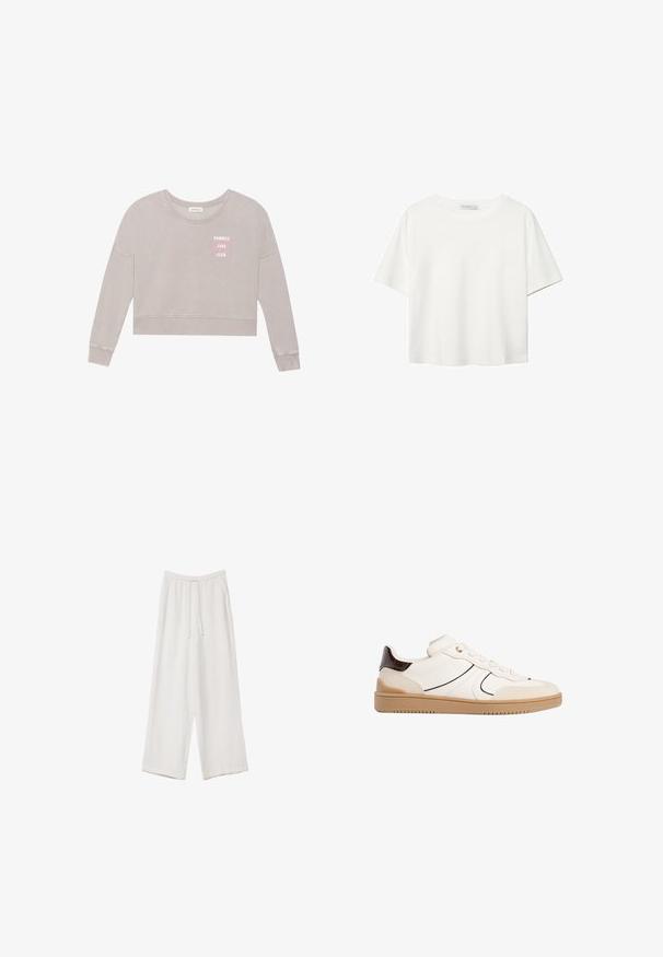 Svetlo siva skrajšana kapuca z dolgimi rokavi, mehka tekstura in print "SUMMER LOVE CLUB" v roza barvi. Ima okroglo ovratnico in rebrast rob.; Bela kratka majica s kratkimi rokavi iz bombaža. Ima okroglo izrezovanje in sproščen kroj. Gladka tekstura brez vidnih vzorcev ali poudarkov.; Bele široke hlače iz lahkega materiala. Imajo elastičen pas s vrvico in stranske žepe. Gladka tekstura.; Stradivarius Športni copati - white