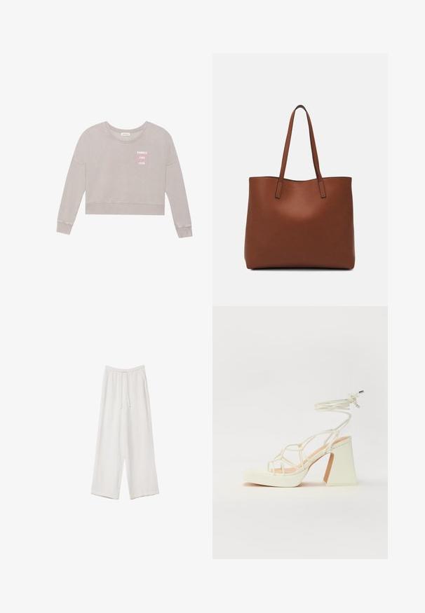 Vaaleanharmaa lyhyt huppari, jossa on pitkät hihat, pehmeä pinta ja vaaleanpunaista "SUMMER LOVE CLUB" -tekstiä. Kiertorintaneule ja ribbaushelma.; Valkoiset leveälahkeiset housut kevyestä kankaasta. Ominaisuuksiin kuuluu elastinen vyötärö, jossa on nauhakuuluma ja sivutaskut. Sileä rakenne.; Valkoinen korkokenkä, jossa on paksu korko, ja joka sisältää nauhakiinnityksen ja nilkkaketjun. Sujuva pinta, jossa on platform-etupohja lisäkorkeutta varten.; Ruskea nahkainen olkalaukku, jossa on sileä pinta, avoin yläosa ja kaksi olkahihnaa. Omaavat vain minimaalisen ompelun eikä näkyvää metalliosaa.